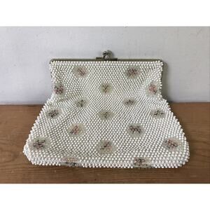 Vintage Corde Bead Womens White Floral Formal Beaded Clutch Purse Handbag Bag